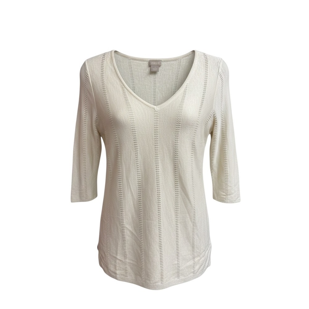 Chicos Cream Pointelle Knit V-Neck Sweater 3/4 Sleeve Top Ivory Size 1 M